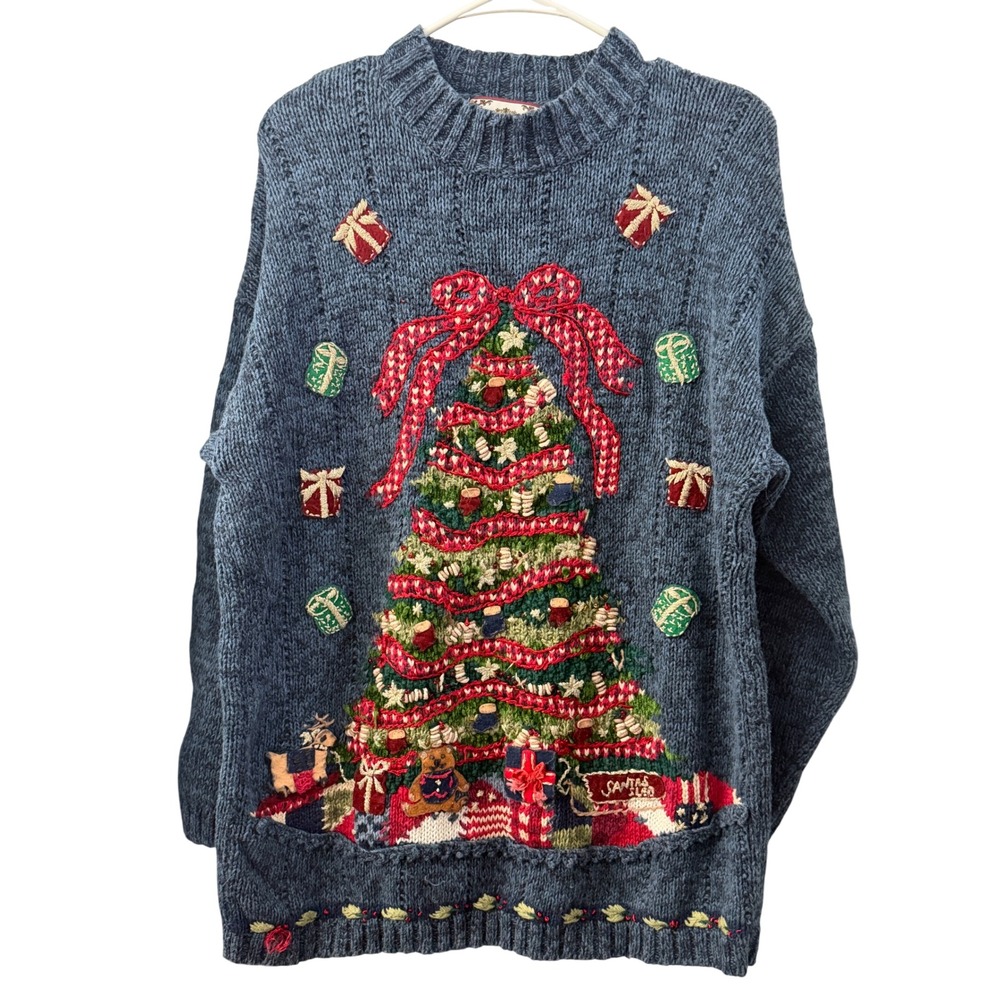 Tiara International Christmas Tree Sweater Blue Marl Mock Neck Beaded L Holiday